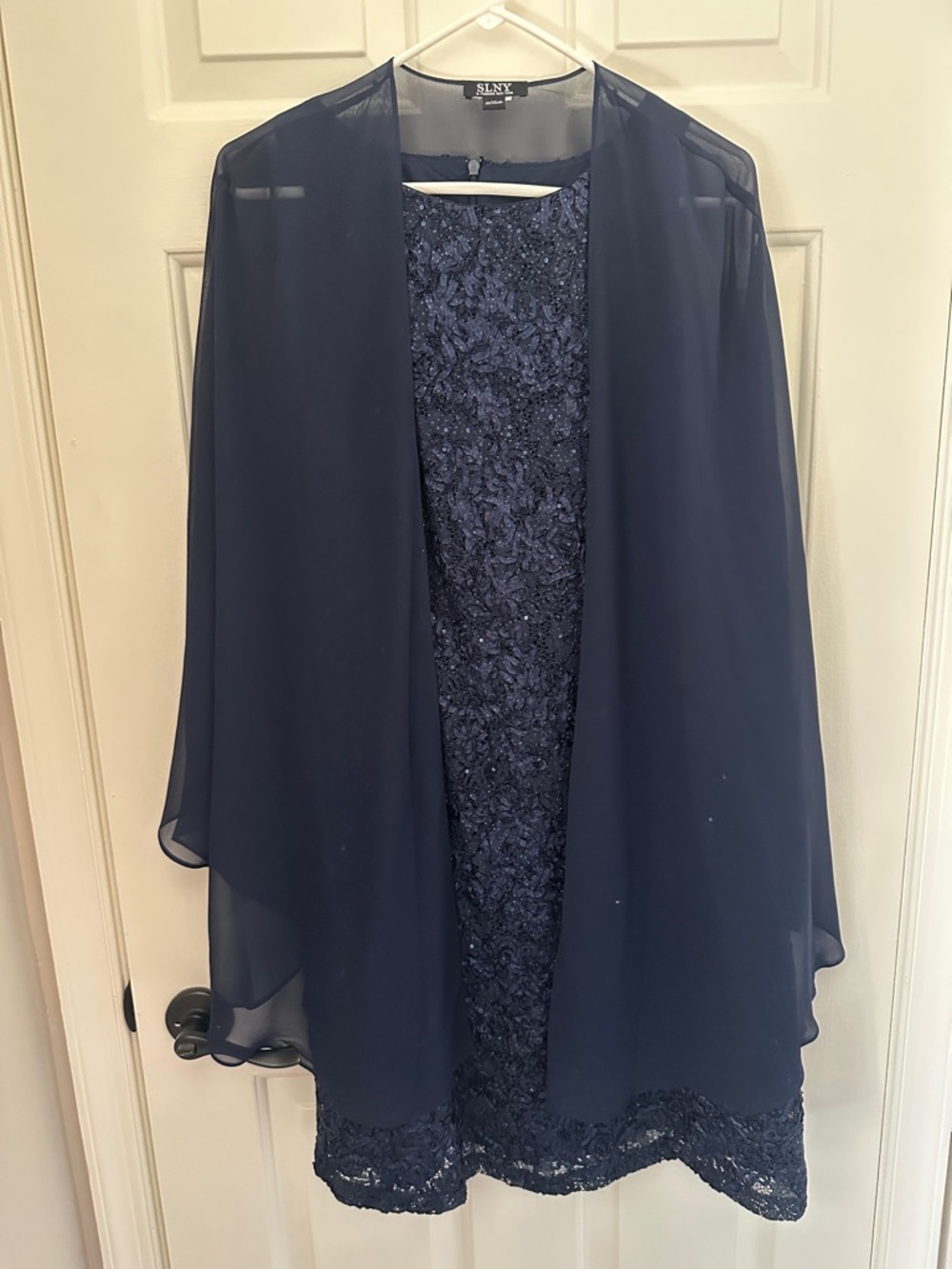 SLNY Navy beaded Dress with Chiffon Cape
